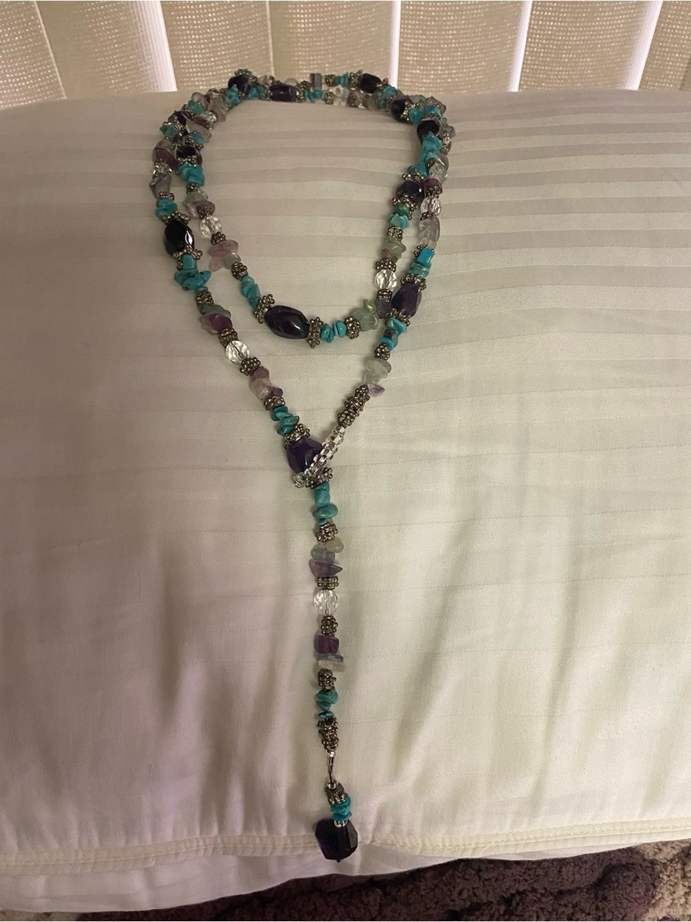 Long Lariat Necklace Amethyst, Turquoise, Crystal Glass Bracelet & Earrings
